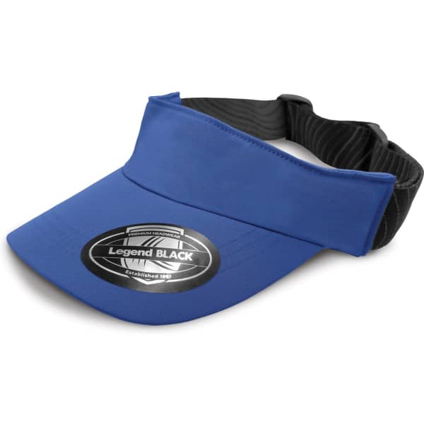 A blue visor with a black adjustable band and a logo on the front.