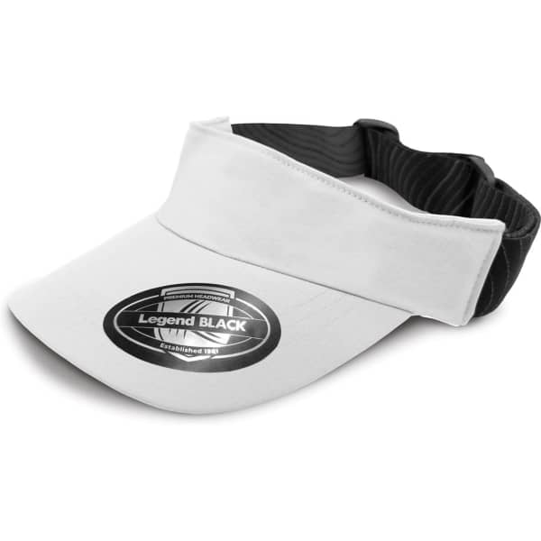 A grey visor with a black underside and an adjustable band, featuring a logo on the front.