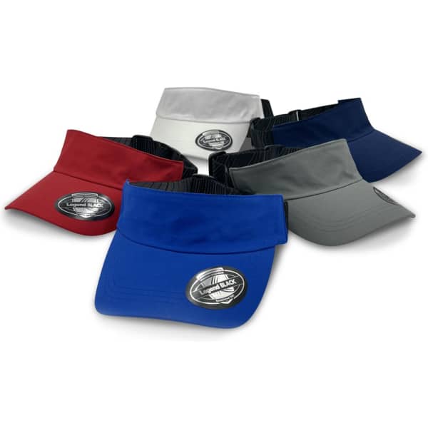 A collection of Altitude Sports Visors in red, white, grey, and blue, featuring an emblem on the front.