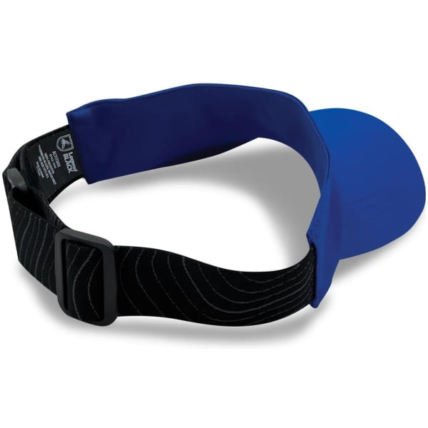 A blue sports visor with a black adjustable strap and a branded logo on the back.