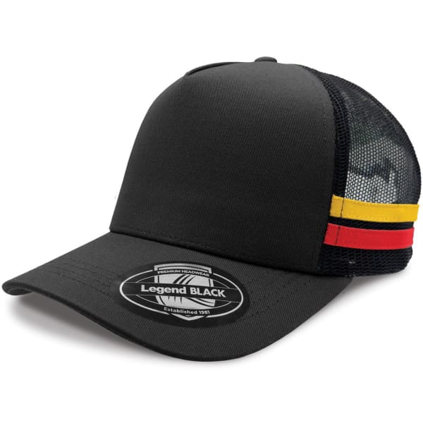 A black trucker cap featuring a mesh back and striped accents in red, yellow, and black. It has a logo on the front.
