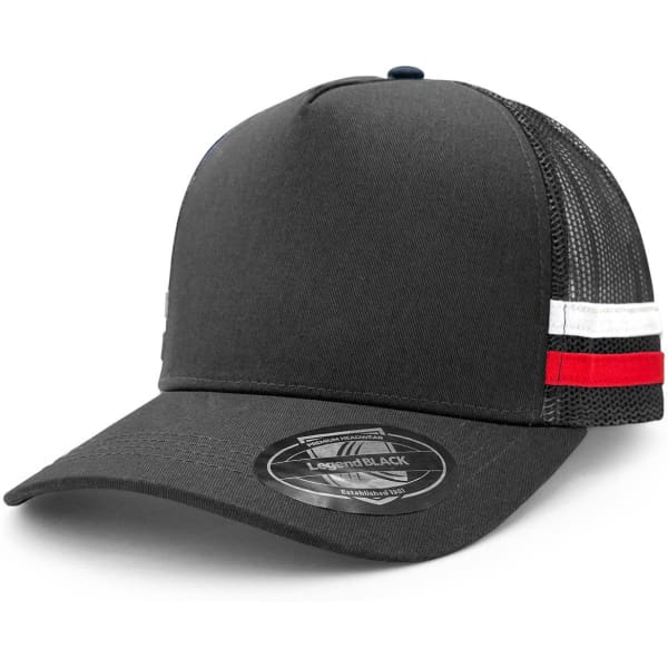 A striped trucker cap in black, featuring mesh panels and red and white stripes on the side. It has a logo on the front.