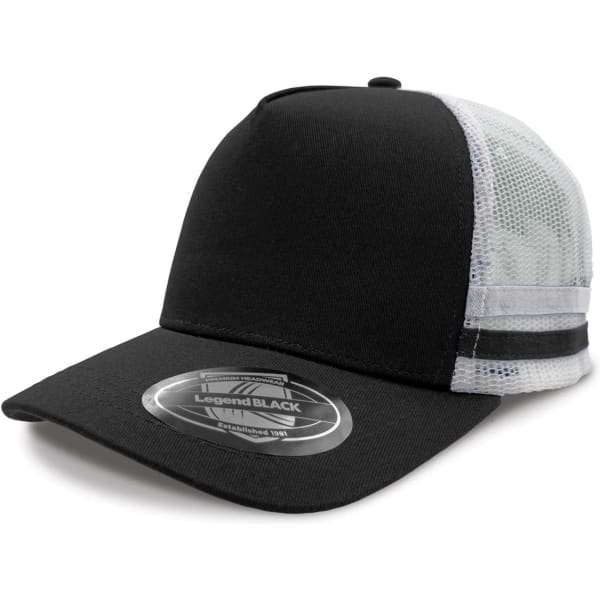 A black striped trucker cap with a mesh back and a logo on the front.