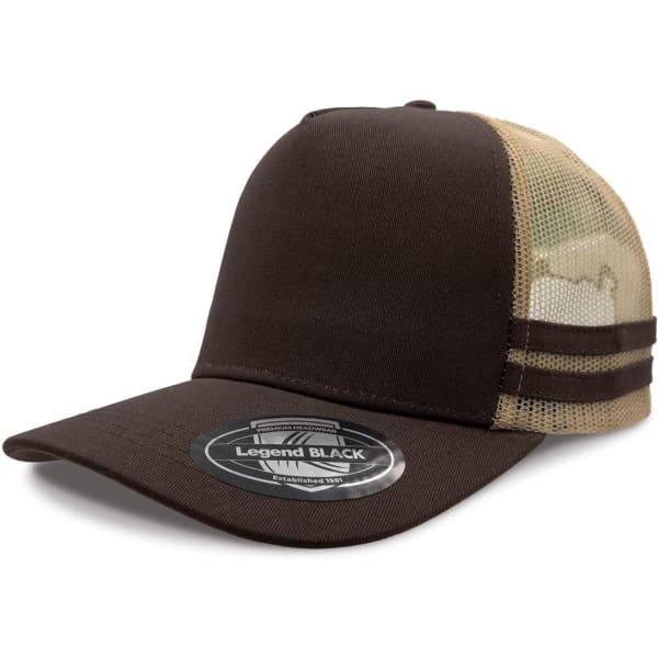 A brown trucker cap with a mesh back and a logo, featuring black stripes on the front.