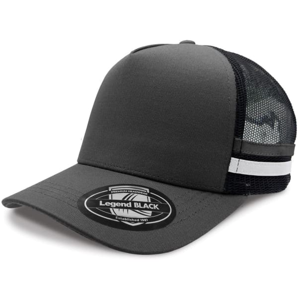 A grey trucker cap featuring a mesh back and a white stripe design. Includes a logo on the front.