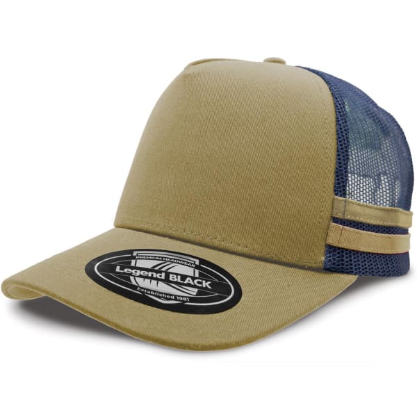 A khaki and navy striped trucker cap featuring a mesh back and a circular logo on the front.