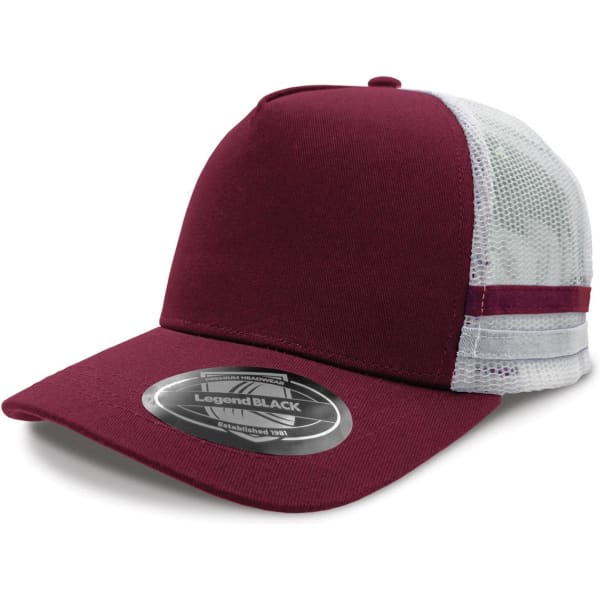 A maroon trucker cap with a mesh back, featuring striped accents and a logo on the front.
