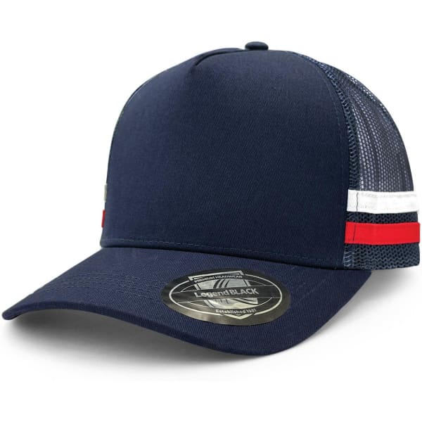 A navy trucker cap with a structured front, mesh sides, and striped detailing in red and white. It has a logo.