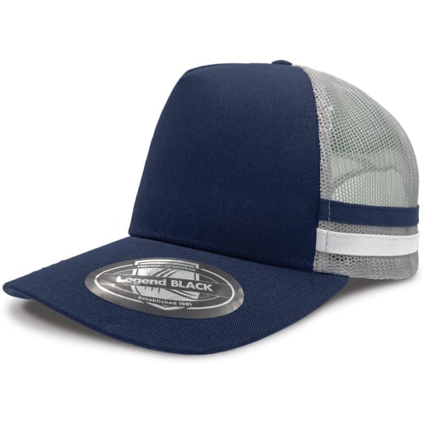 A navy blue trucker cap with a mesh back, featuring a flat brim and a logo on the front.