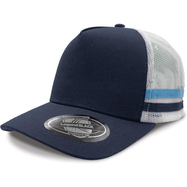 A navy blue trucker cap featuring a mesh back and striped detailing. It includes a logo on the front.