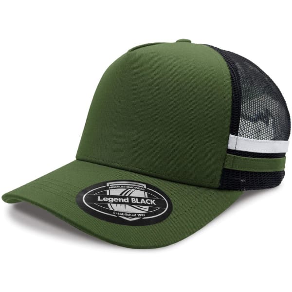 A green trucker cap featuring a mesh back and a logo on the front, with a striped band around the crown.