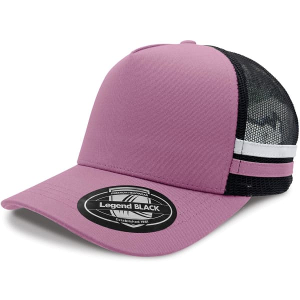 A pink striped trucker cap with a black mesh back and a logo on the front.