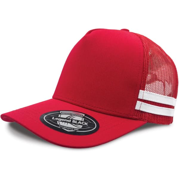 A red trucker cap with a mesh back and white stripes, featuring a logo on the front.