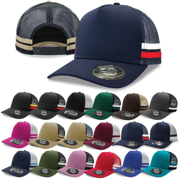 A collection of trucker caps featuring various colours, with a logo on each cap. The front shows a navy cap with striped accents.
