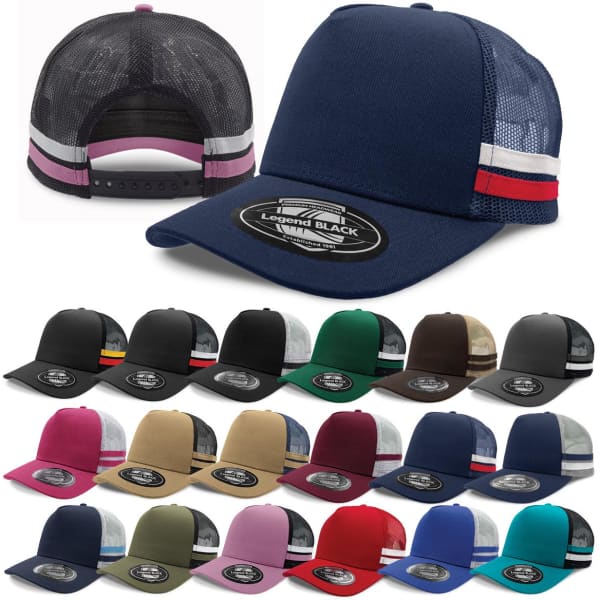 A Striped Trucker cap in navy with mesh panels, featuring a branded patch, available in various colours.