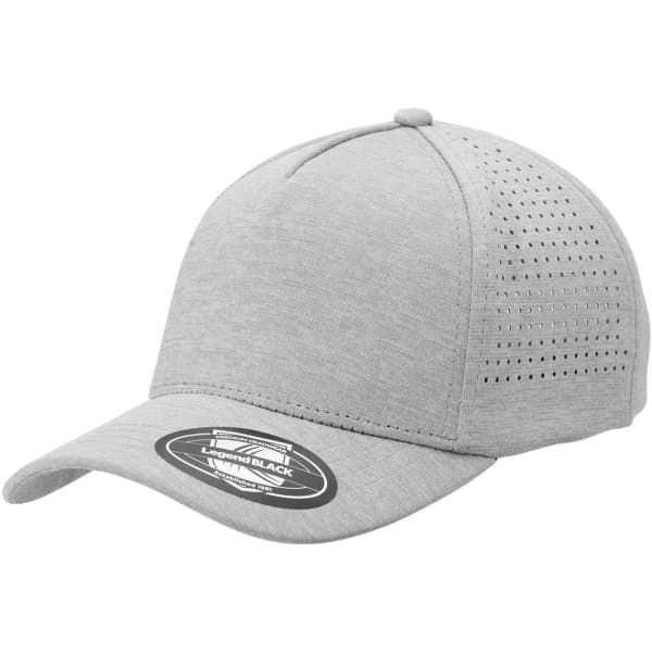 A grey cap with a perforated design and a logo on the front. Suitable for headwear.