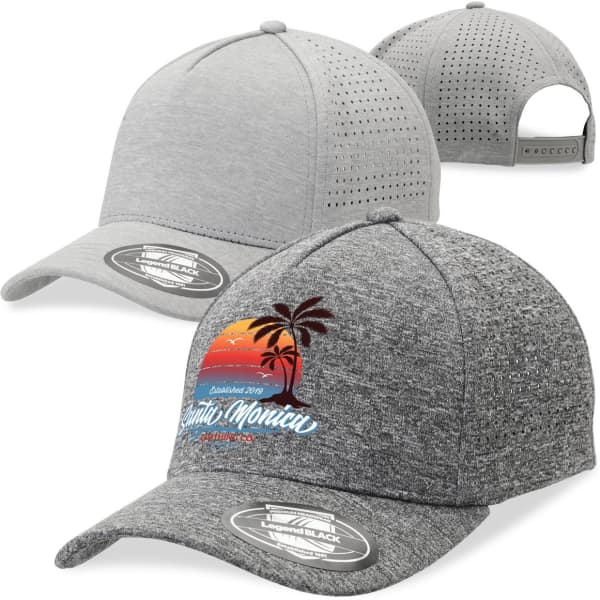 A grey cap with a textured design, featuring a colourful graphic, and another grey cap with perforations at the back.