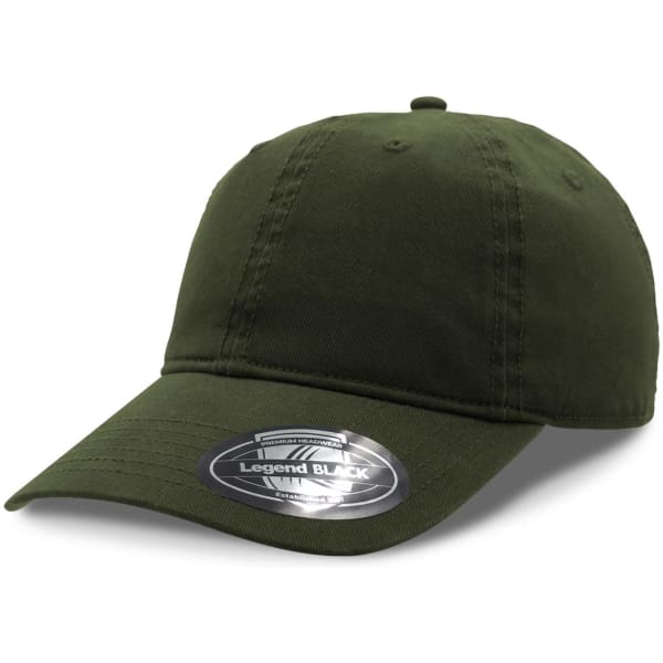 A dark green cap with a curved brim and a branded sticker on the underside.