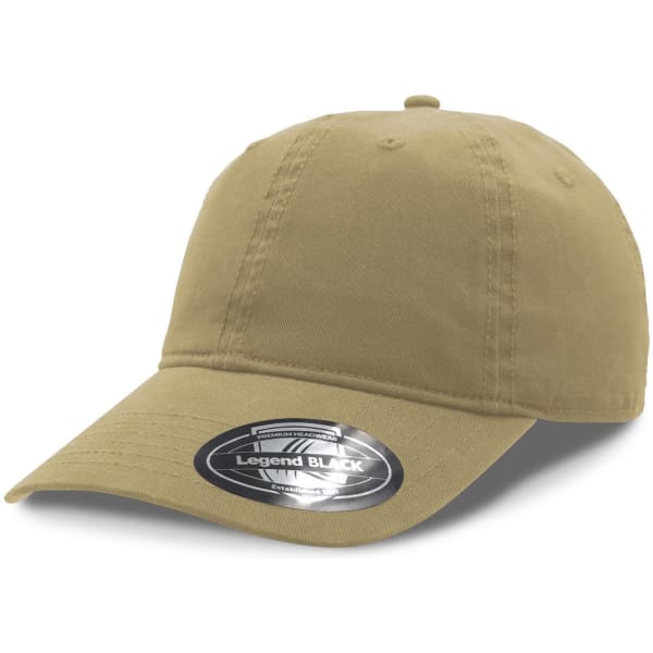 A khaki baseball cap with a curved brim and a circular branding label on the front.