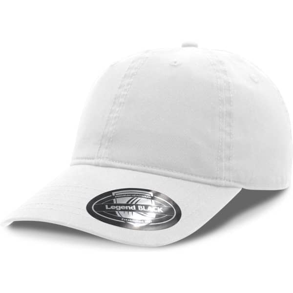 A white cap with a curved brim and a logo on the front. Suitable for casual wear.