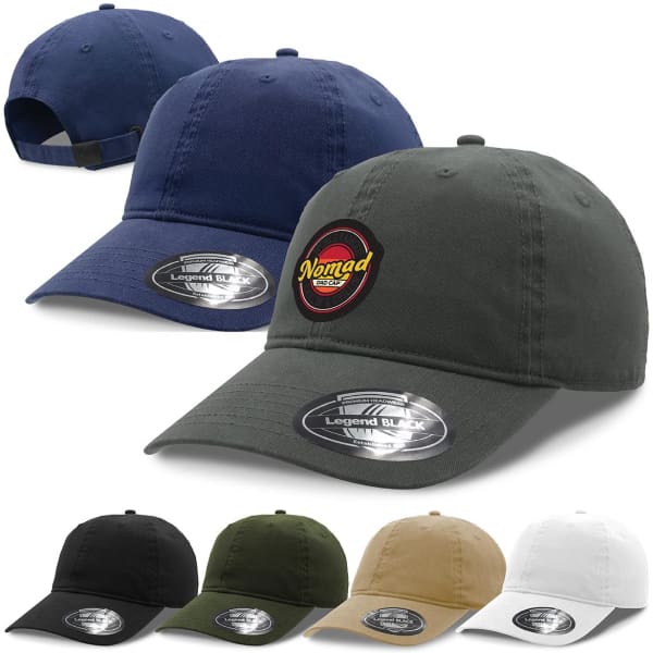 A collection of caps in navy, olive, black, khaki, and white, featuring a logo on the front of each.