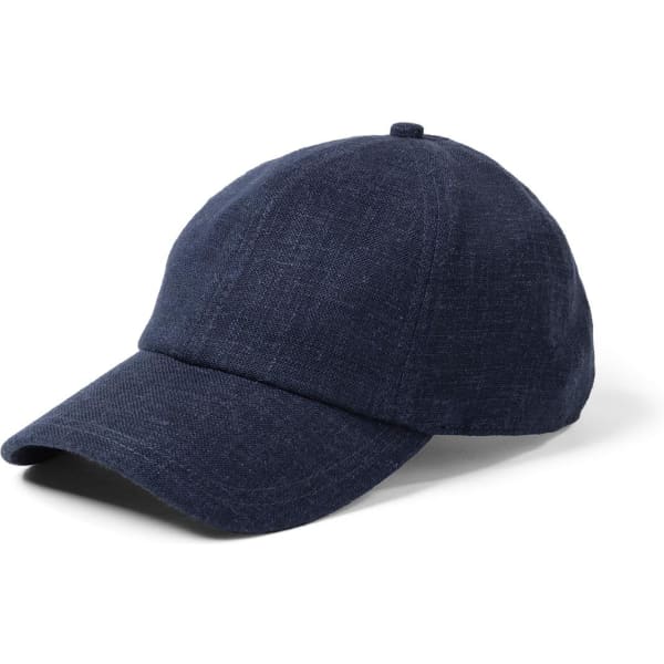 A navy blue linen cap with a curved brim and a structured crown, featuring a small logo.