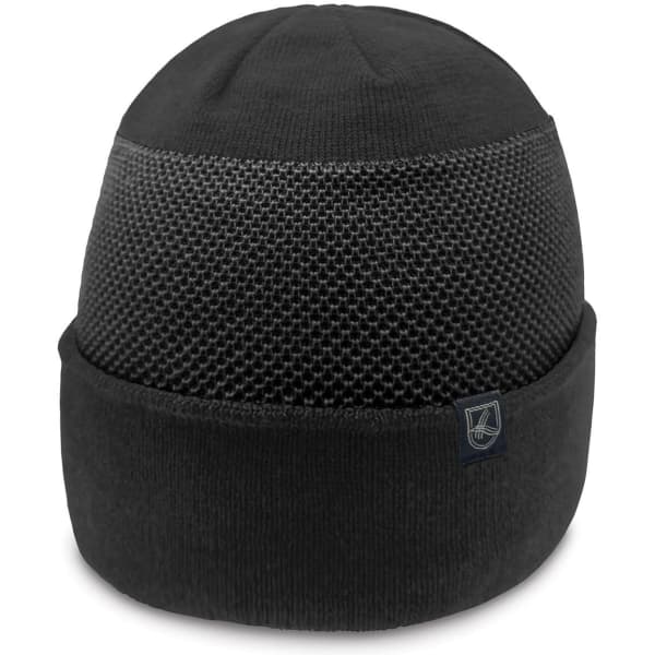 A black beanie featuring a textured mesh design and a folded cuff, complete with a logo.