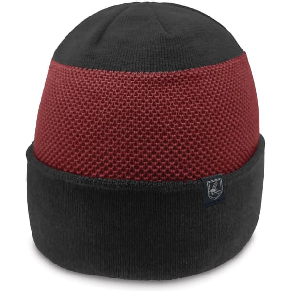 A black and red beanie with a textured top and a fold-over cuff, featuring a small logo.