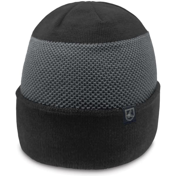 A black and grey beanie with a textured middle section and a folded cuff featuring a logo.