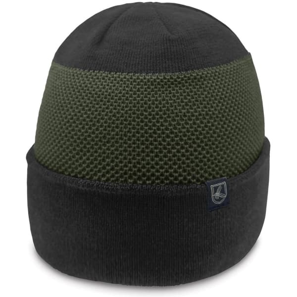 A beanie featuring a textured olive green panel and a black lower section, complete with a branding tag.