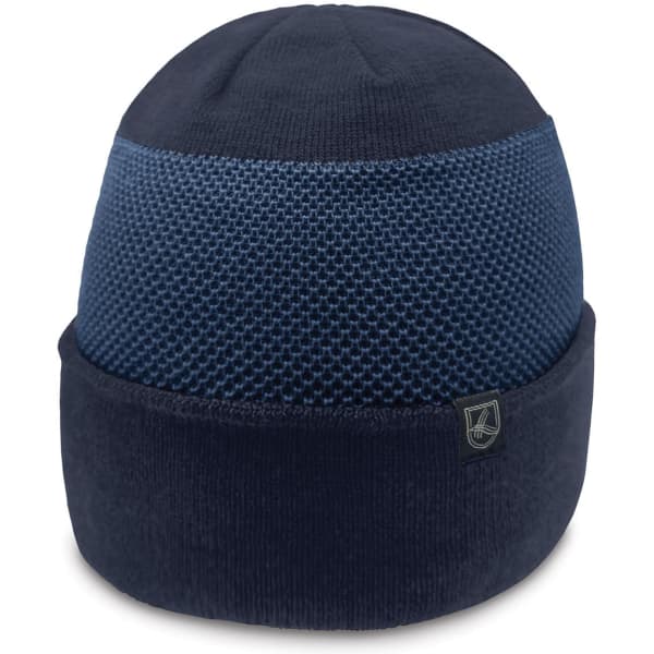 A navy beanie featuring a textured upper design and a smooth lower band with a logo.