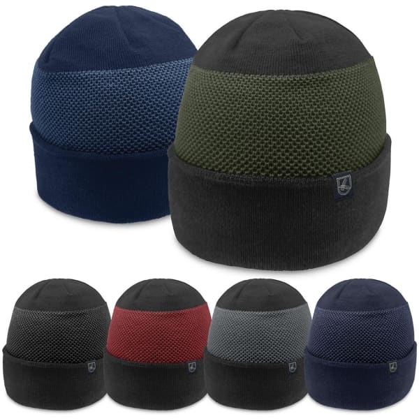 A collection of beanies in various colours, including navy, green, black, and red, featuring a mesh design and branding.