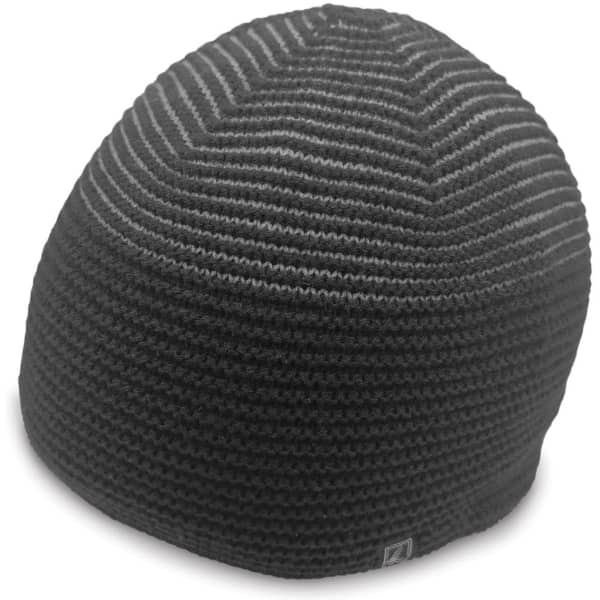 A black and grey striped beanie with a logo, featuring a close-knit design for warmth.