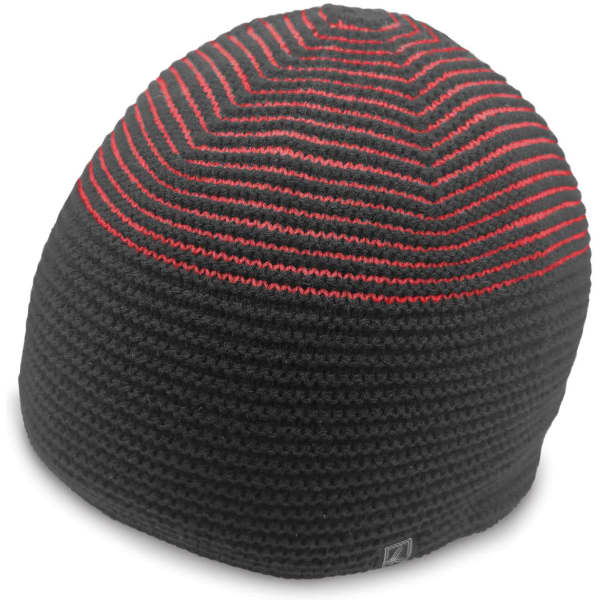 A black and red striped beanie featuring a logo on the side, designed for headwear.