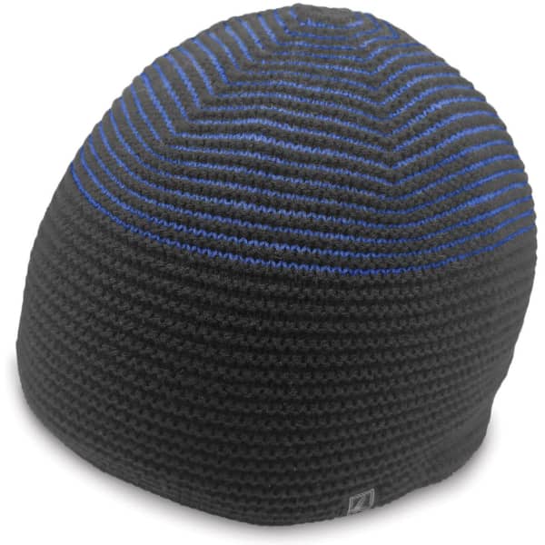 A black beanie with blue stripes and a logo on the side, designed for headwear.