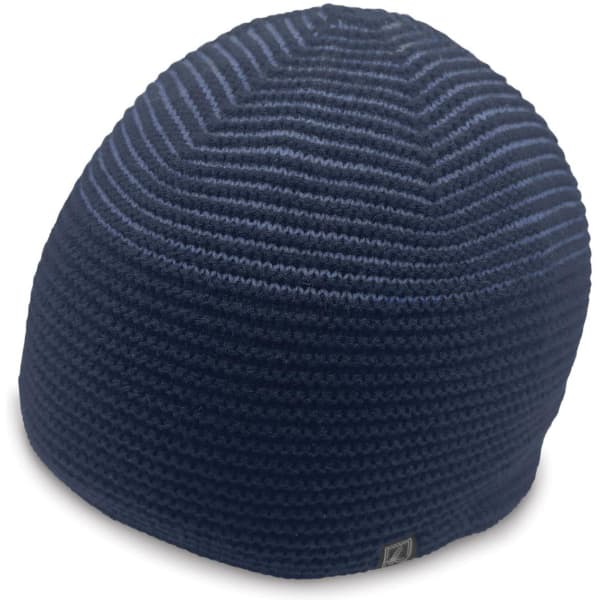A navy striped beanie with a logo, designed for headwear.