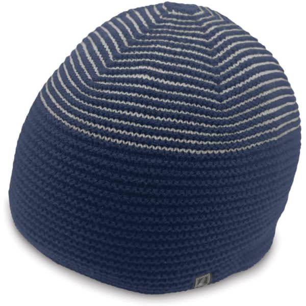 A navy blue beanie with horizontal stripes and a small logo on the side.