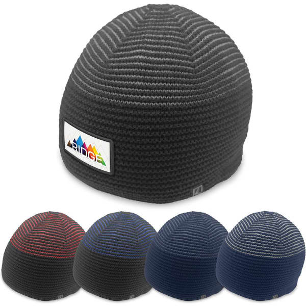 A collection of beanies in various colours, featuring a logo on one side, with a textured knit design.