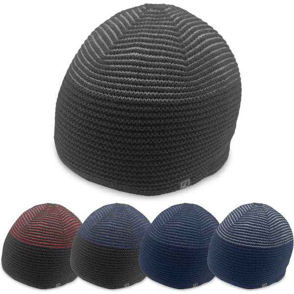 A collection of beanies in various colours including black, navy, and striped patterns, with a logo on each.