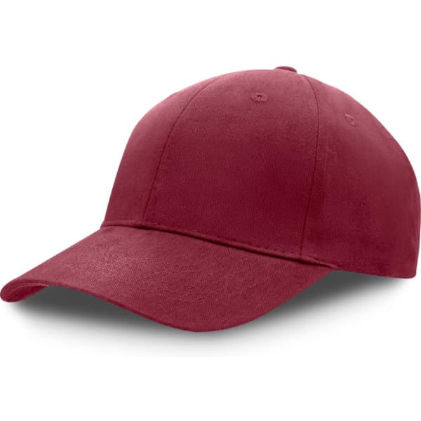 A maroon premium soft cotton cap with a curved peak and a fitted design, featuring a logo on the front.