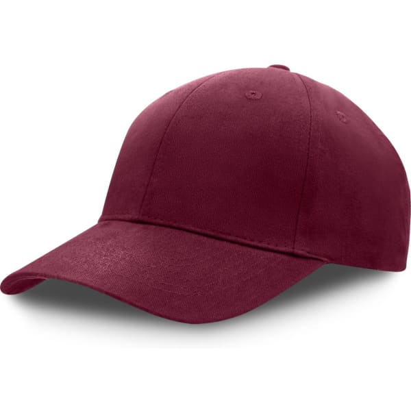 A maroon premium soft cotton cap with a curved brim and a logo. Suitable for casual wear.