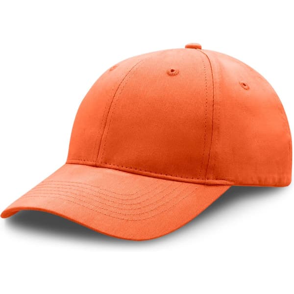 An orange premium soft cotton cap with a curved brim and a logo on the front.