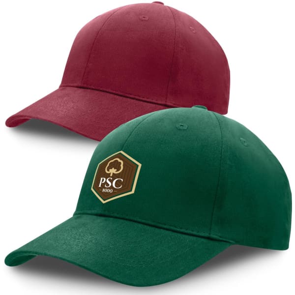 A maroon and green premium soft cotton cap, featuring a logo on the front.