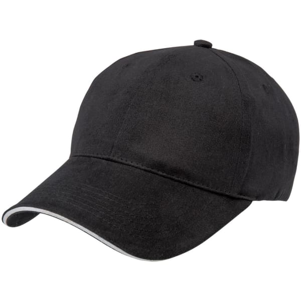 A black cap featuring a sandwich peak design, with a contrasting trim and a logo on the front.
