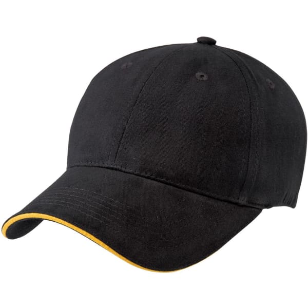 A black cap with a yellow accent on the brim and a logo on the front. Suitable for casual wear.