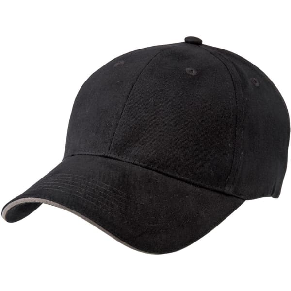 A black cap with a rounded peak and a subtle under-brim detail. It has a branding logo on it.