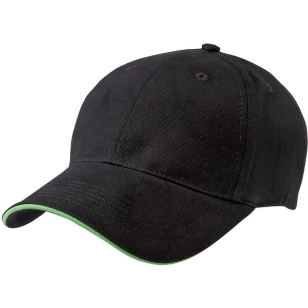 A black cap with a contrasting green peak and an adjustable strap, featuring ventilation holes and a logo.