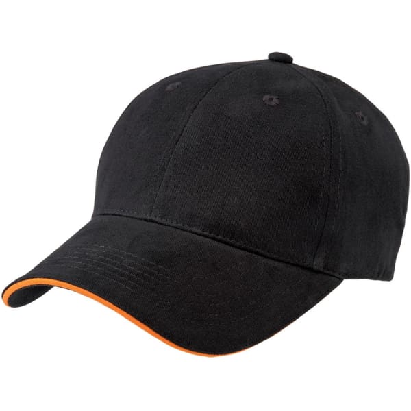 A black cap with an orange peak, featuring a curved brim and a logo on the front.