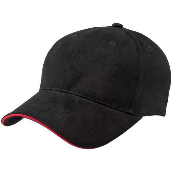 A black cap with a red accent along the brim and a logo detailing on the front.