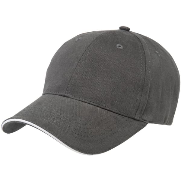 A grey cap with a soft peak, featuring an adjustable back and a logo on the side.